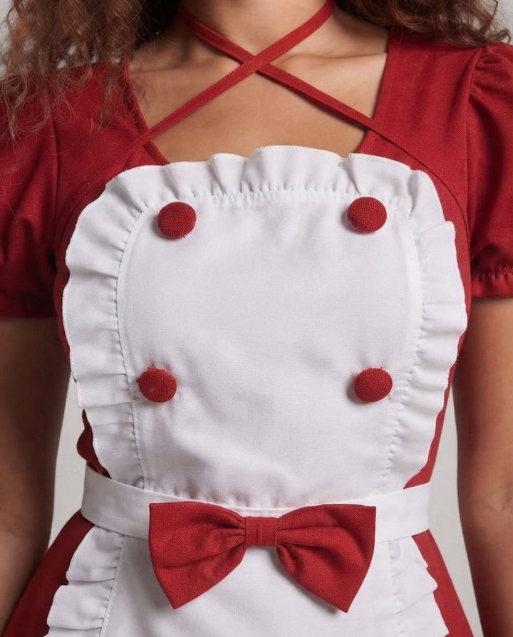 Damen Verspieltes Dienstmädchen-Kleid mit Rüschen und Satin-Schürze Drune