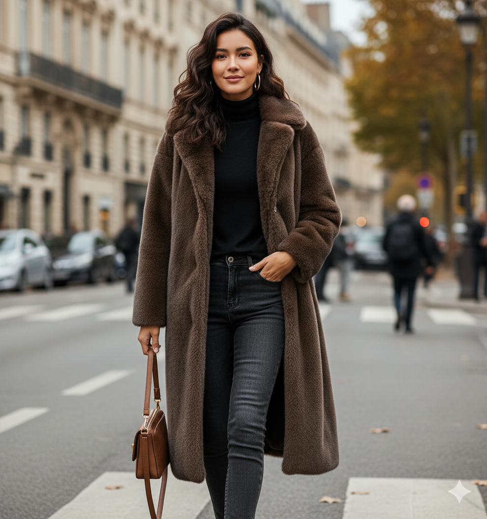 Damen Luxuriöser Kunstpelzmantel mit elegantem Schnitt und hohem Kragen Drune