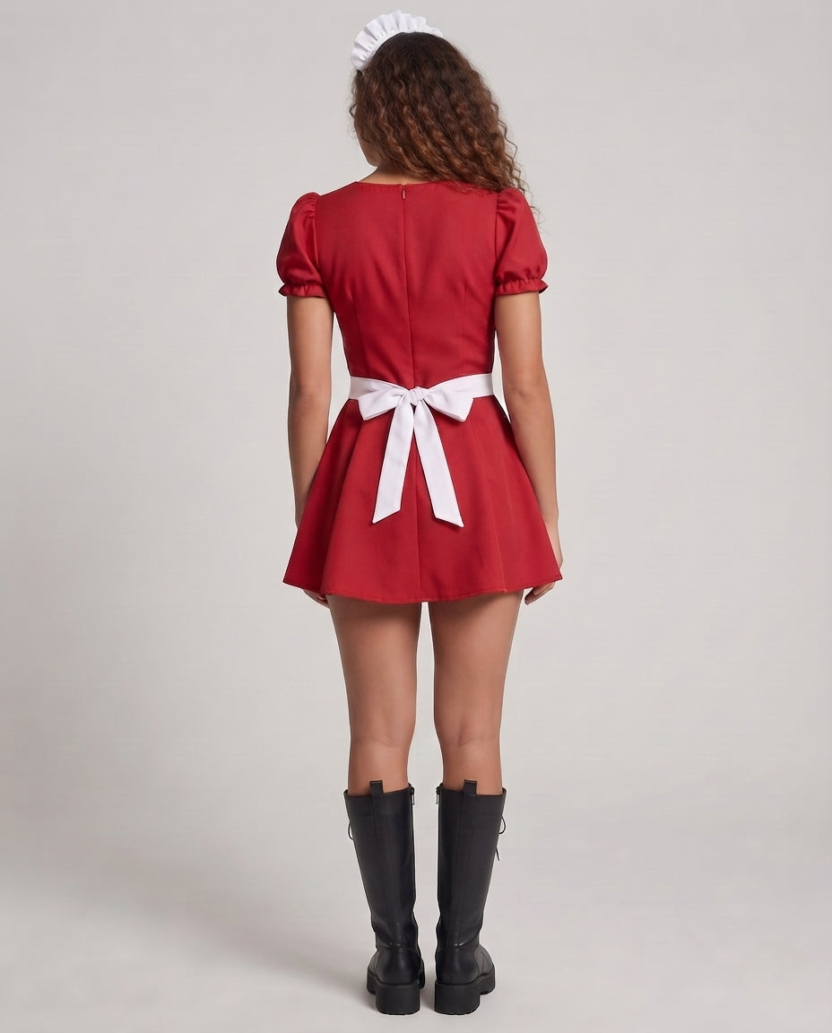 Damen Verspieltes Dienstmädchen-Kleid mit Rüschen und Satin-Schürze Drune