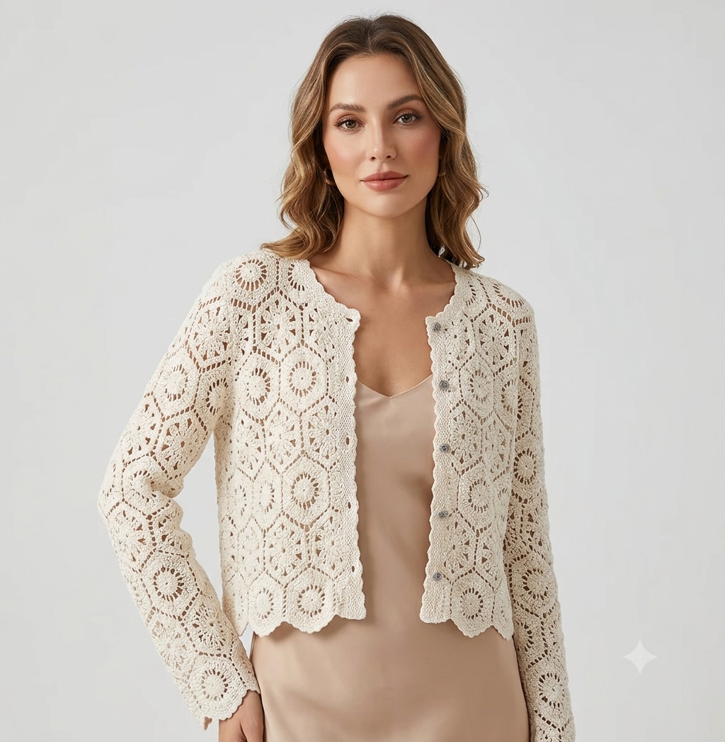 Damen lässige Strickjacke mit floralem Lochmuster und Knopfleiste Drune
