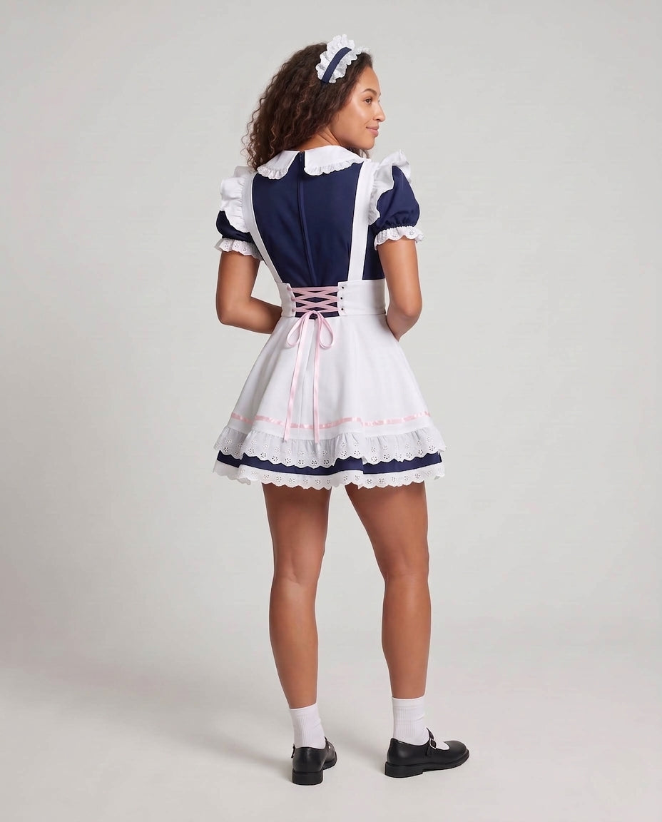 Damen Dienstmädchen-Kleid mit Spitzen- und Rüschenakzenten Drune