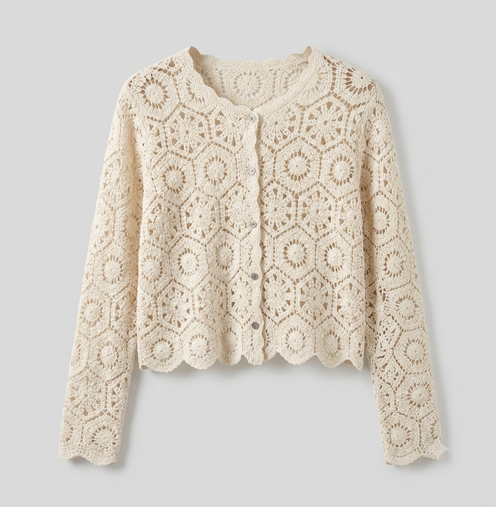 Damen lässige Strickjacke mit floralem Lochmuster und Knopfleiste Drune