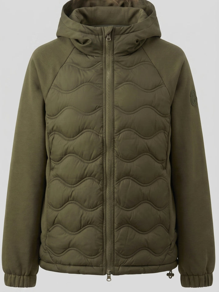 Damen gesteppte Hybrid-Hoodie-Jacke mit Fleece-Ärmeln, elastischen Bündchen und Wellensteppung