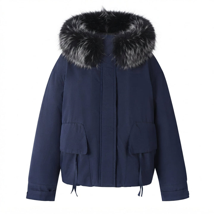 Damen kurze Isolationsjacke im boxy Schnitt mit voluminösem Kunstfellbesatz und funktionalen Klappentaschen
