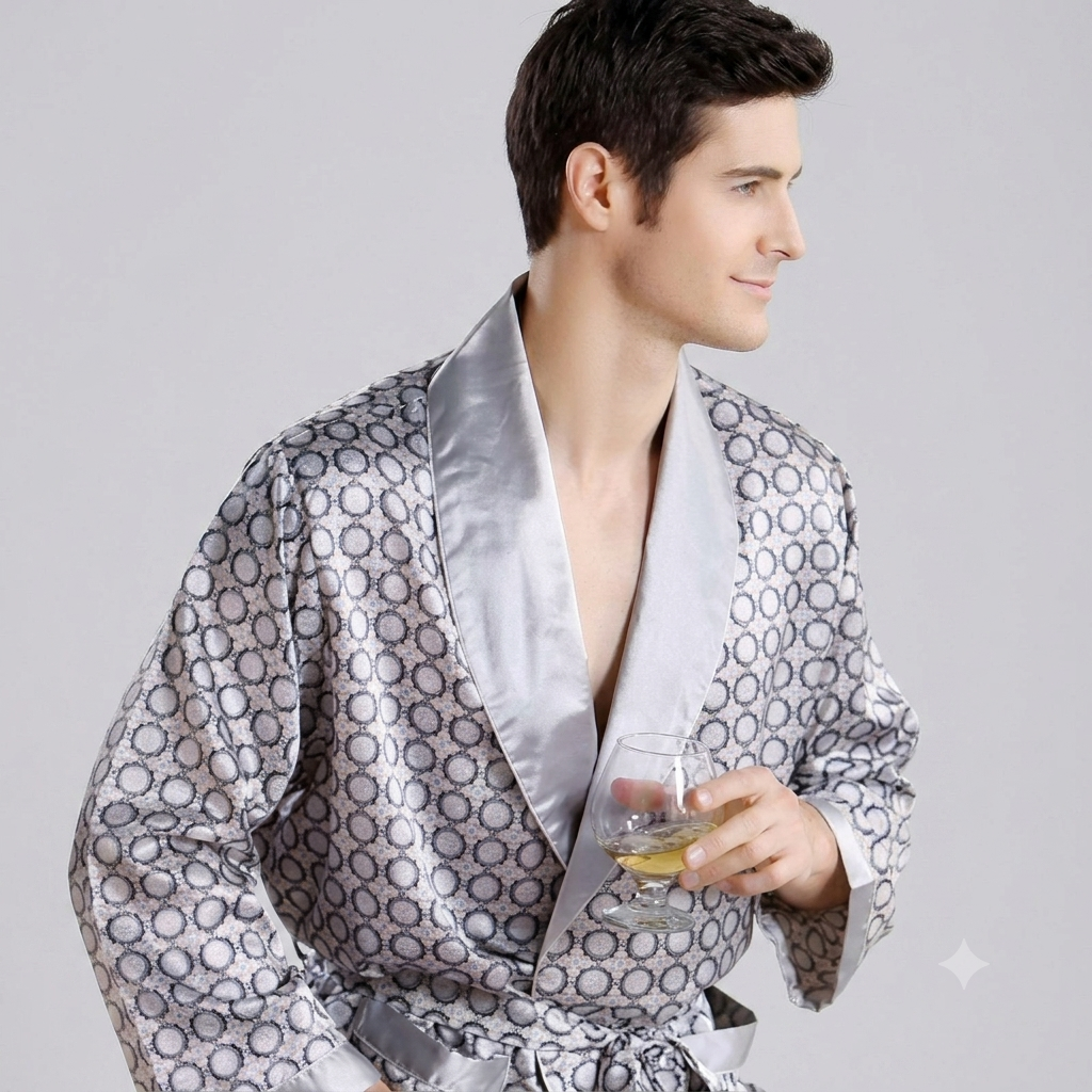 Herren Satin Morgenmantel mit auffälligem Muster und Taillengürtel Drune