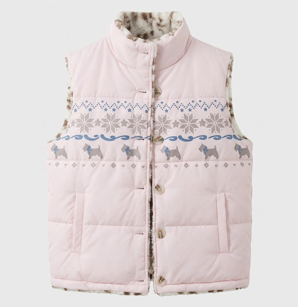 Damen gesteppte Westen mit Teddy-Futter und skandinavischem Muster