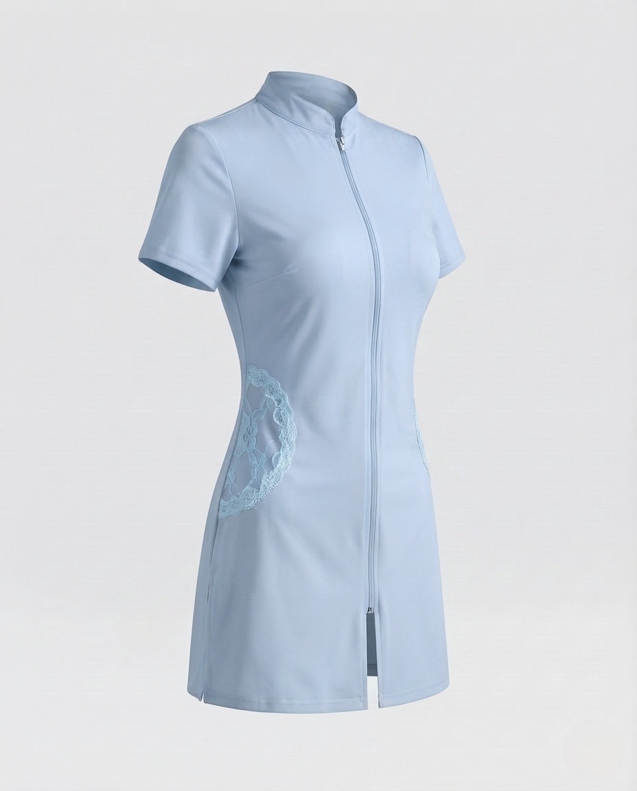 Damen sexy Krankenschwester Kostüm mit Zipper und Strumpfhalter Drune