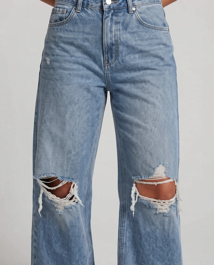 Damen High-Waisted Baggy Jeans im Destroyed Look mit weitem Bein drune