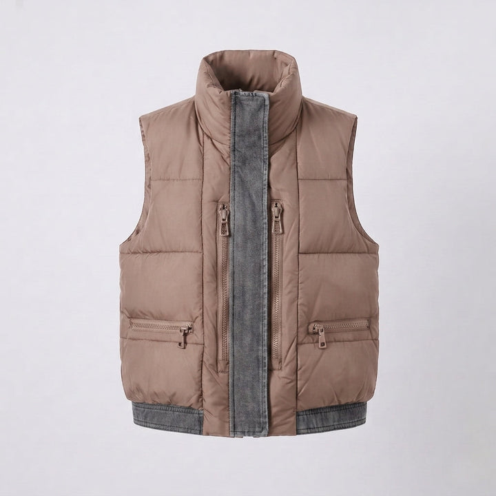 Damen gesteppte ärmellose Weste mit hohem Kragen, Jeans-Look Innentasche und verdeckten Reißverschlusstaschen