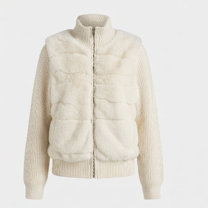 Damen kurzer Cardigan mit kontrastierendem Kunstfell vorne, Reißverschluss und hohem Stehkragen