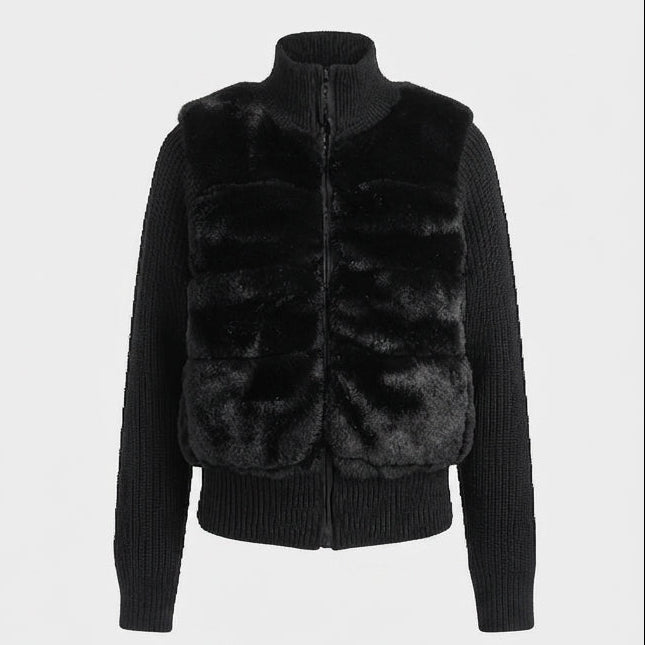 Damen kurzer Cardigan mit kontrastierendem Kunstfell vorne, Reißverschluss und hohem Stehkragen