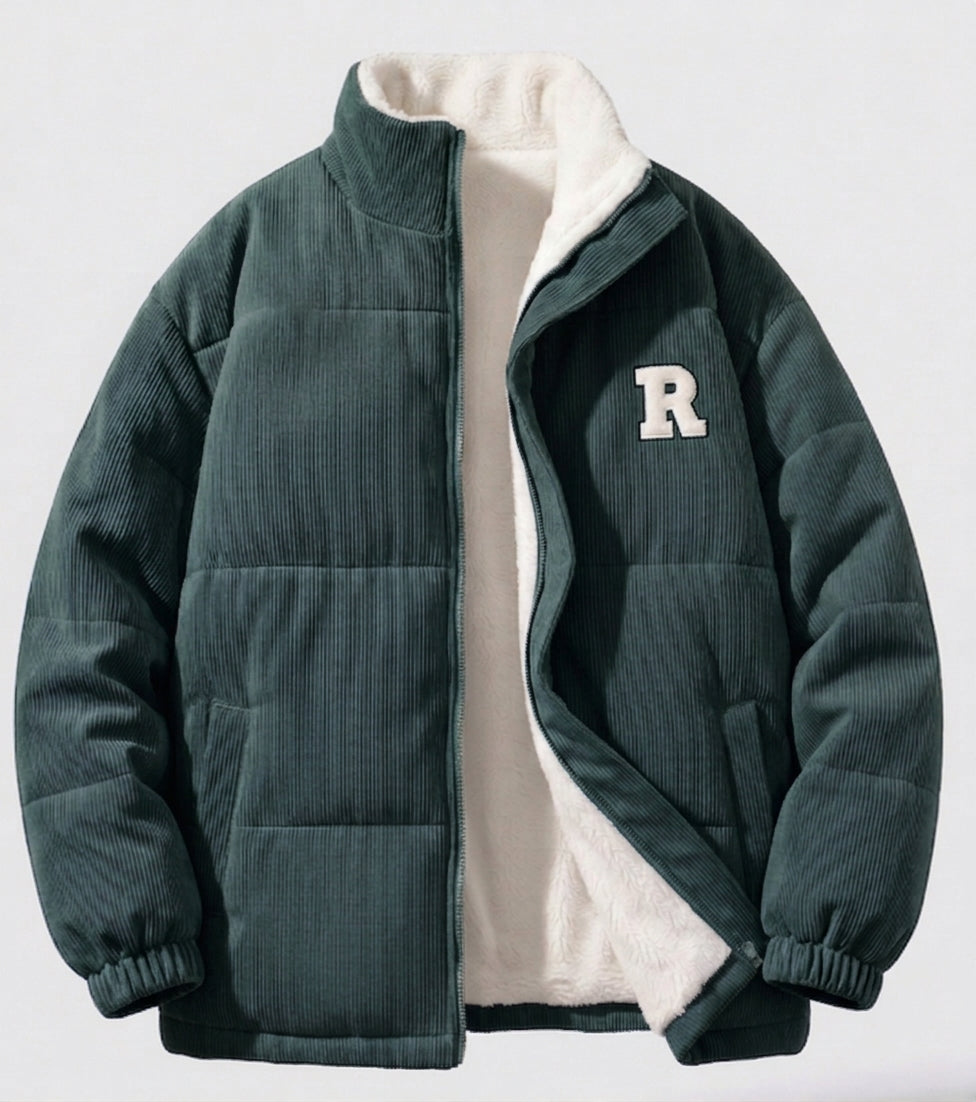 Damen gesteppte Cordjacke mit Teddyfutter, Stehkragen und oversized Passform