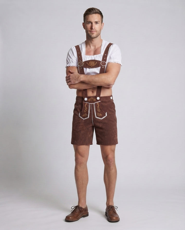 Herren Trachten-Lederhose mit kunstvollen Verzierungen und verstellbaren Trägern Drune
