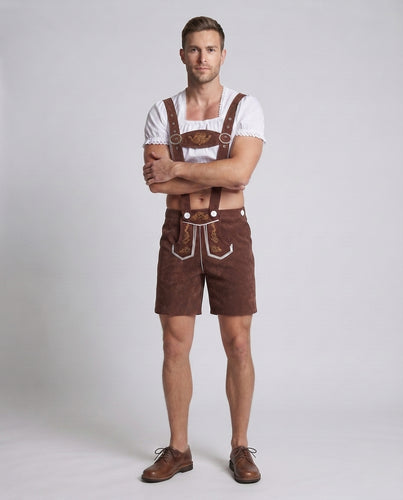 Herren Trachten-Lederhose mit kunstvollen Verzierungen und verstellbaren Trägern Drune