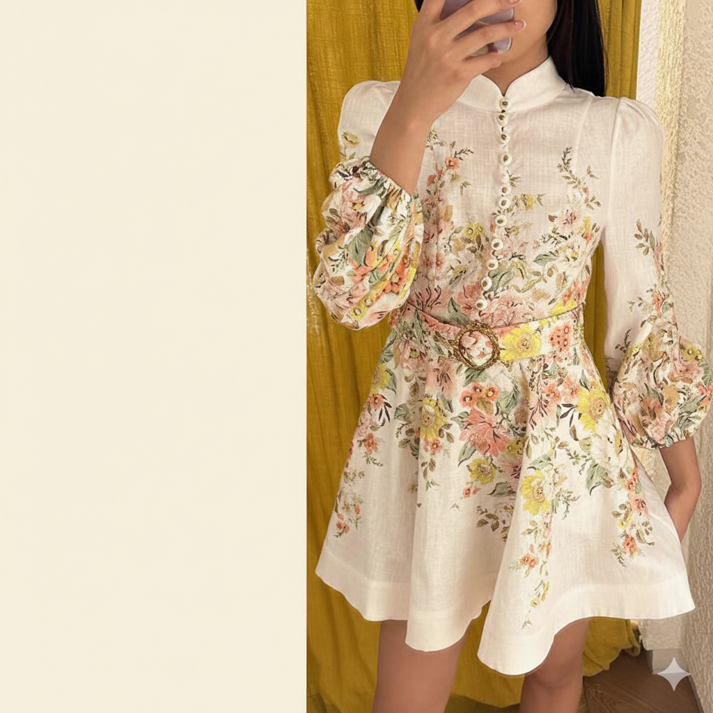 Drune | Baumwolle & Leinen Puffärmel Blumen Gürtel Kleid