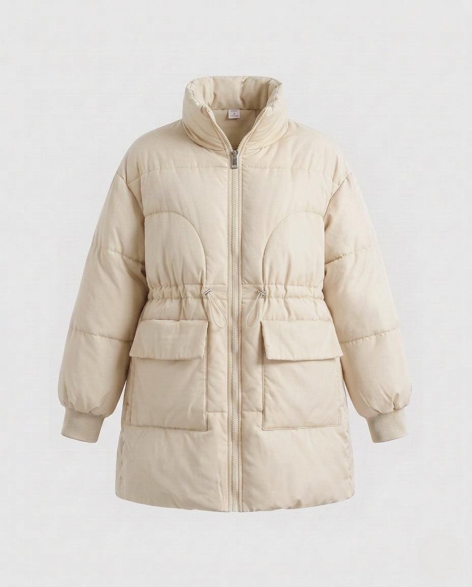 Damen feminine A-Linien gesteppter Parka mit verstellbarem Kordelzug, hohem Stehkragen und großen Klappentaschen