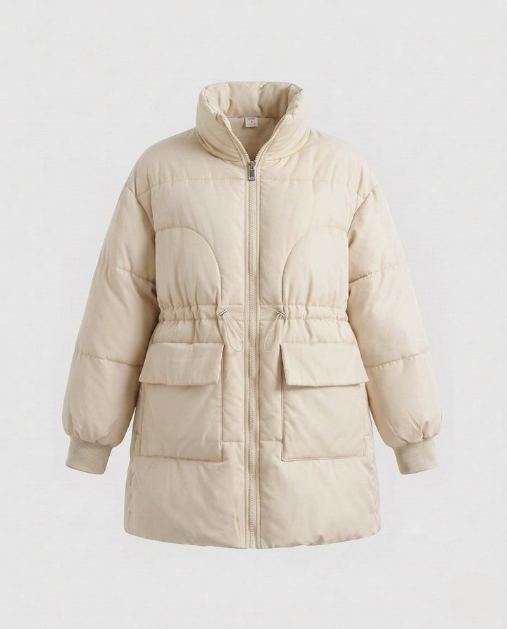 Damen feminine A-Linien gesteppter Parka mit verstellbarem Kordelzug, hohem Stehkragen und großen Klappentaschen