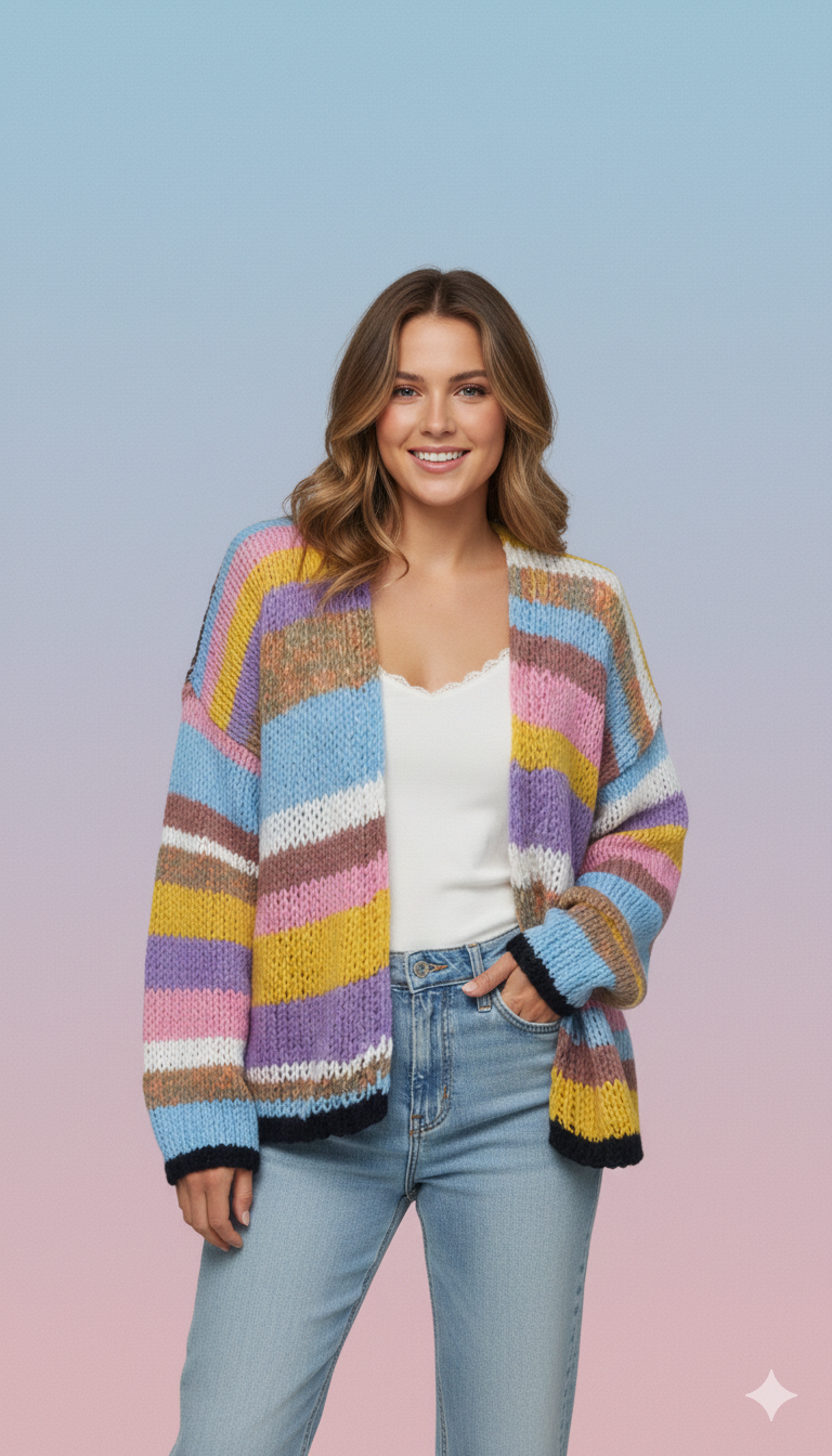 Drune | Kleid Farbenfroh Gestreifter Strickdamenpullover mit Offener Vorderseite