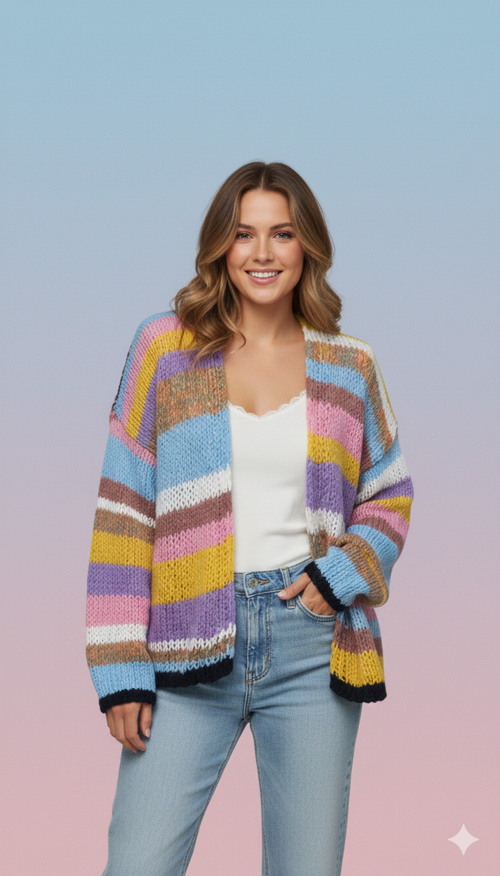 Drune | Kleid Farbenfroh Gestreifter Strickdamenpullover mit Offener Vorderseite