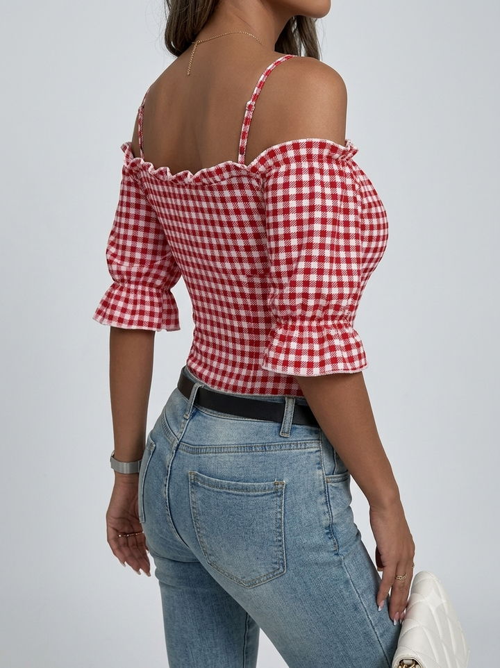 Damen Off-Shoulder Bluse mit Rüschendetails und Karomuster Drune