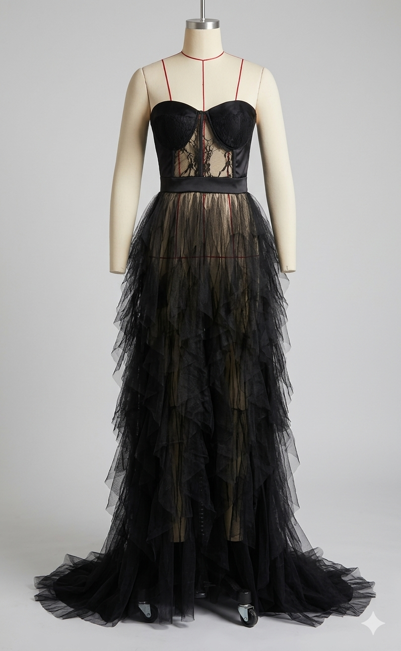Damen Maxikleid mit voluminösen Rüschenschichten und transparentem Oberteil Drune