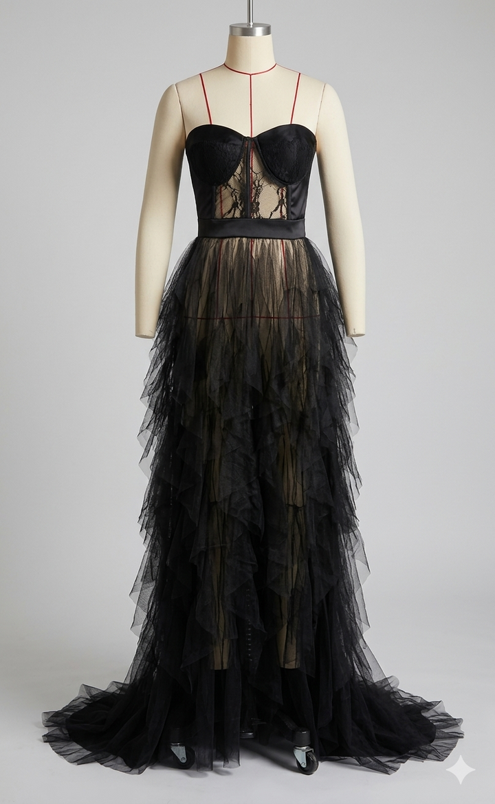Damen Maxikleid mit voluminösen Rüschenschichten und transparentem Oberteil Drune