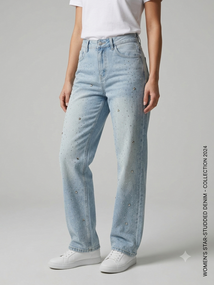 Damen Weite Jeans mit glitzernden Applikationen Drune