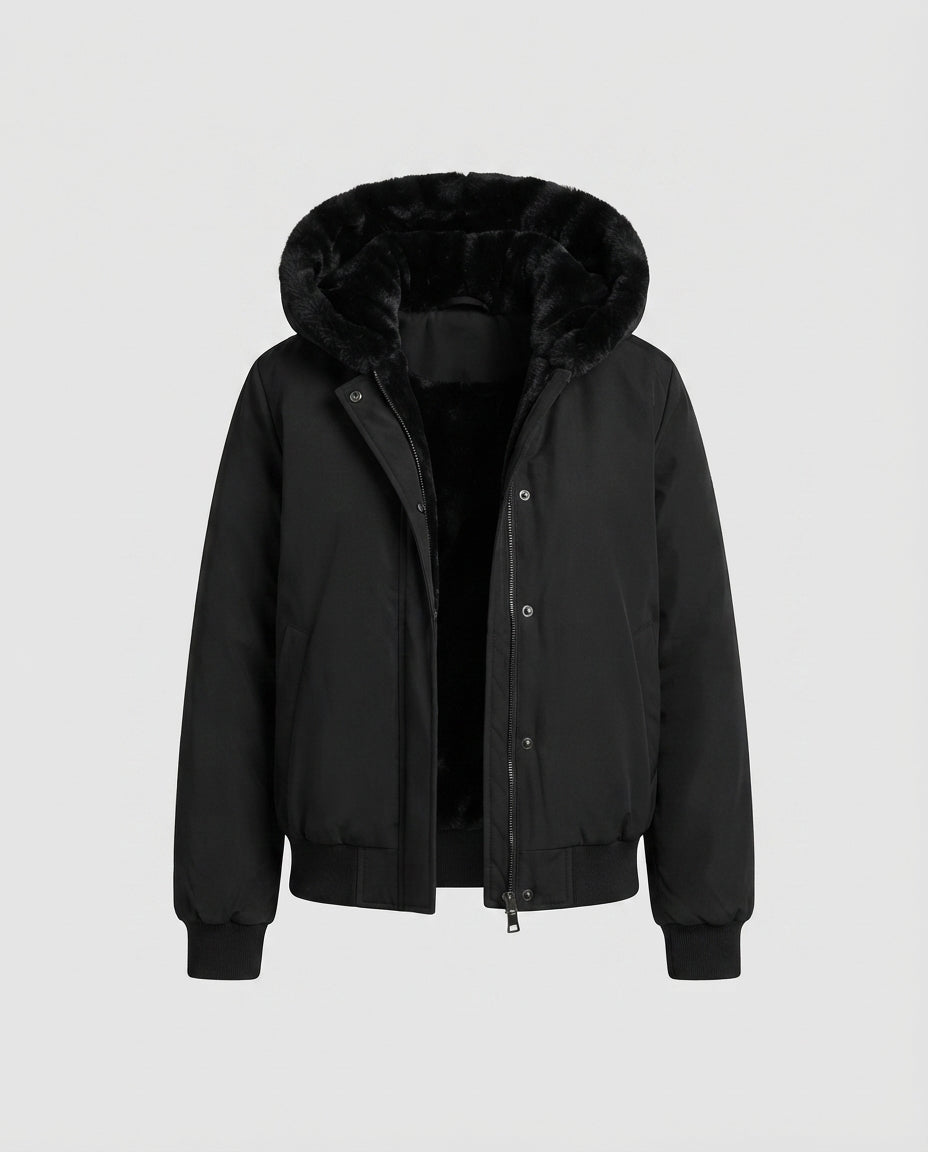 Damen gepolsterte Kapuzenbomberjacke mit warmem Teddyfutter und elastischen Rippbündchen
