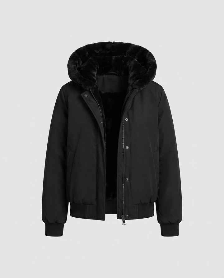 Damen gepolsterte Kapuzenbomberjacke mit warmem Teddyfutter und elastischen Rippbündchen