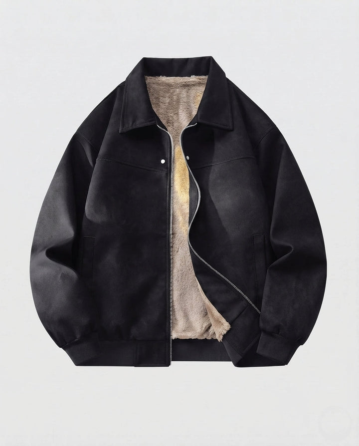 Herren gepolsterte Wildleder-Optik Bomberjacke mit Teddy-Futter & Hemdkragen drune