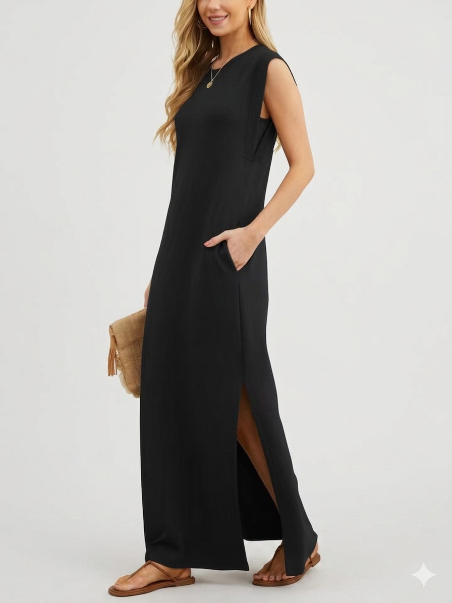 Damen lässiges Midi-Kleid mit tiefem Ausschnitt und praktischen Taschen Drune