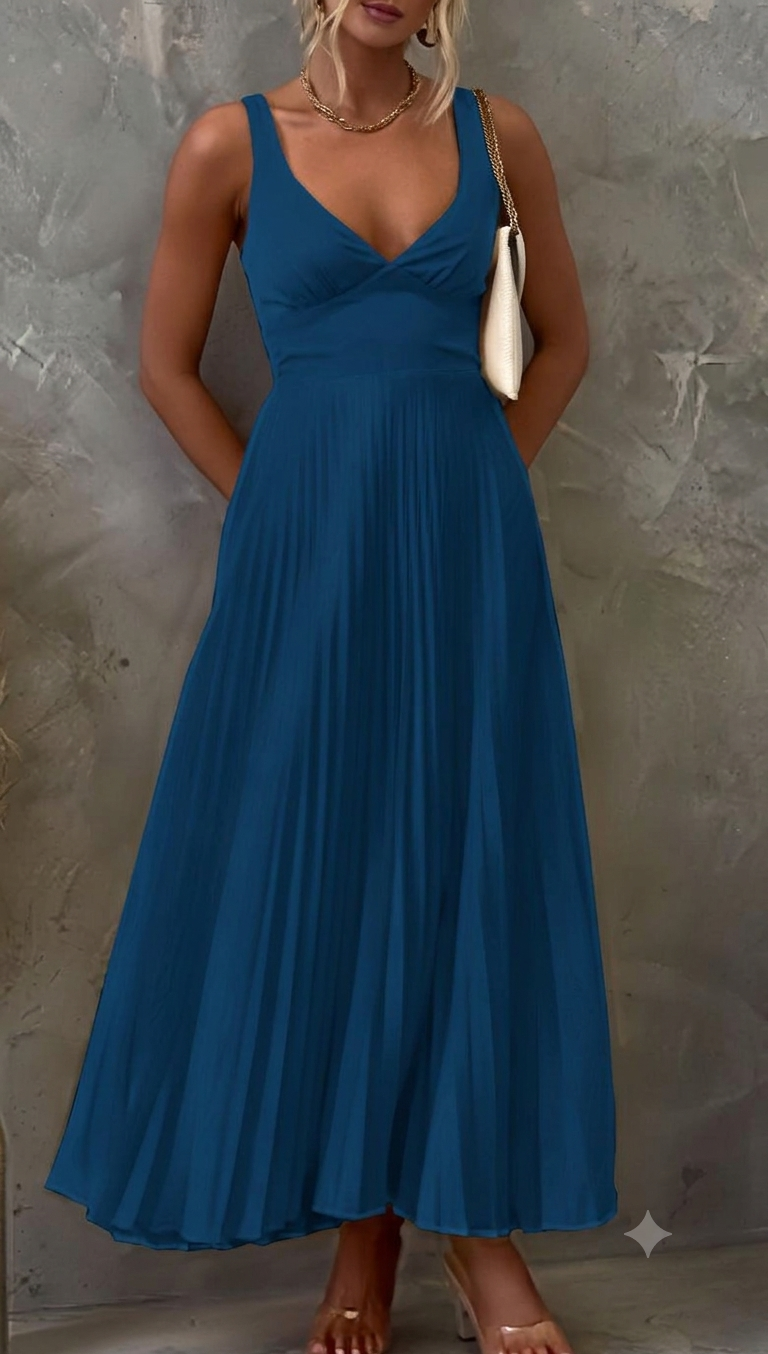 Damen Plissiertes Maxikleid mit V-Ausschnitt und schwingendem Rock Drune