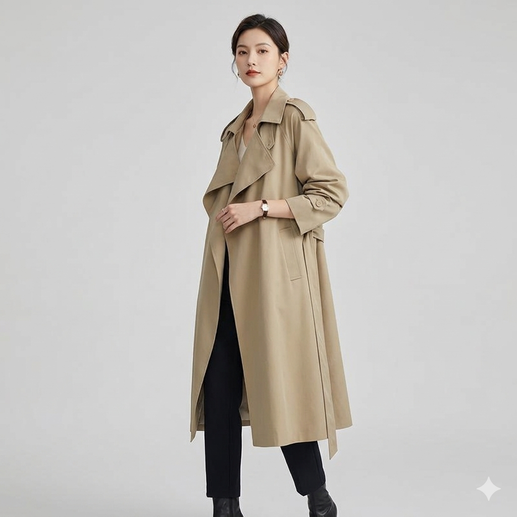 Drune | Eleganter Langer Trenchcoat Bürotasche mit Gürtel