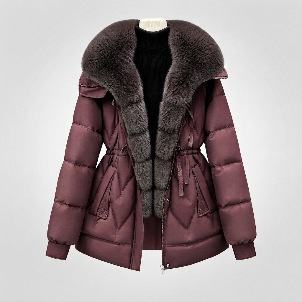 Damen gepolsterte Parka mit voluminösem, abnehmbarem Kragen und Taillenzugband