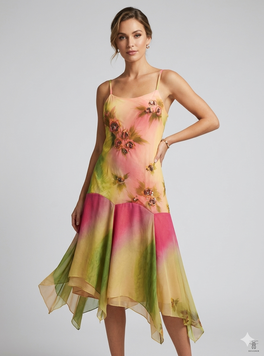 Damen Elegantes Maxikleid mit floralen Applikationen und asymmetrischem Saum Drune