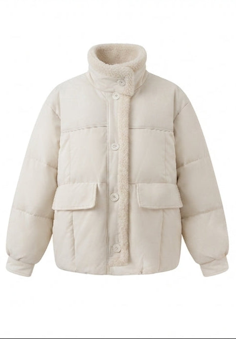 Damen kurze gesteppte Bomberjacke mit Teddyfutter, Kunstleder-Frontpaneelen und aufgesetzten Taschen
