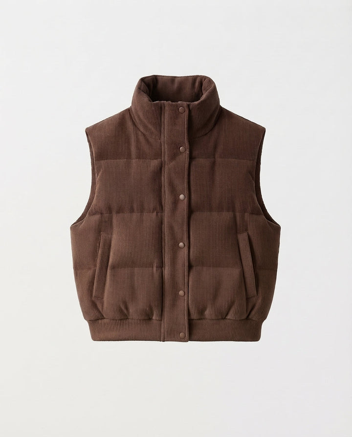 Damen kurze Cord-Velours gesteppte Weste mit hohem Schalkragen und Druckknopfblende