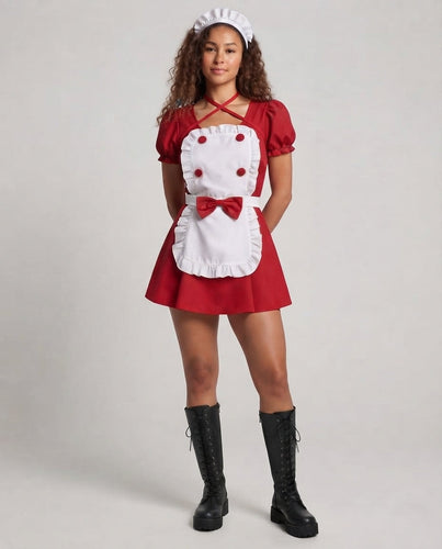 Damen Verspieltes Dienstmädchen-Kleid mit Rüschen und Satin-Schürze Drune