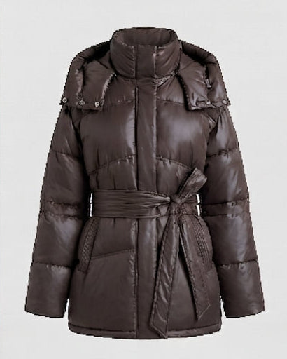 Damen gepolsterte oversized Parka mit Bindegürtel und hohem Kragen