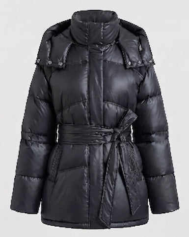 Damen gepolsterte oversized Parka mit Bindegürtel und hohem Kragen