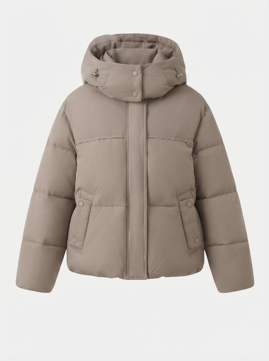 Damen kurze gepolsterte Kapuzenjacke mit abnehmbarem Kapuzenbesatz, hohem Stehkragen und tailliertem Schnitt
