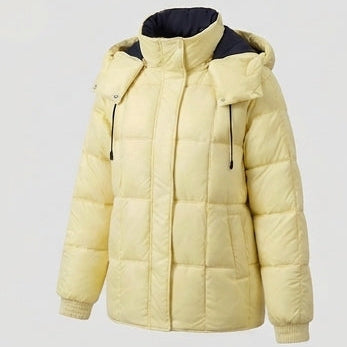 Damen glänzende gesteppte Jacke mit integrierter Kapuze, Zwei-Wege-Reißverschluss und Wärmeisolierung