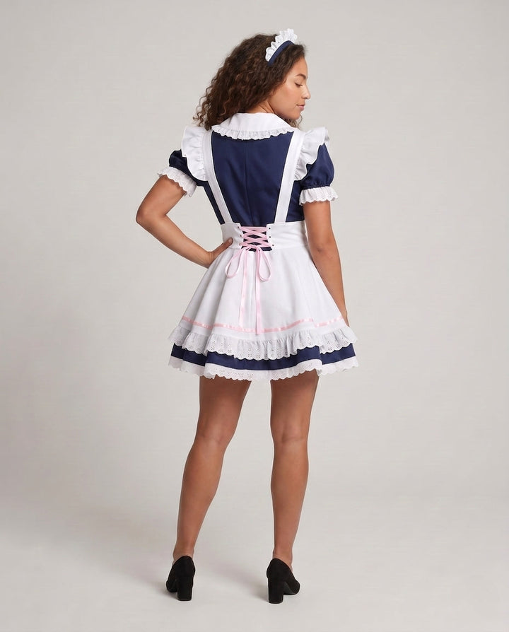 Damen Dienstmädchen-Kleid mit Rüschendetails und Haarschmuck Drune