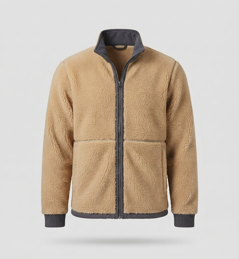 Herren Thermo-Fleece-Jacke mit Sherpa-Futter, hohem Stehkragen und verdeckten Reißverschlusstaschen