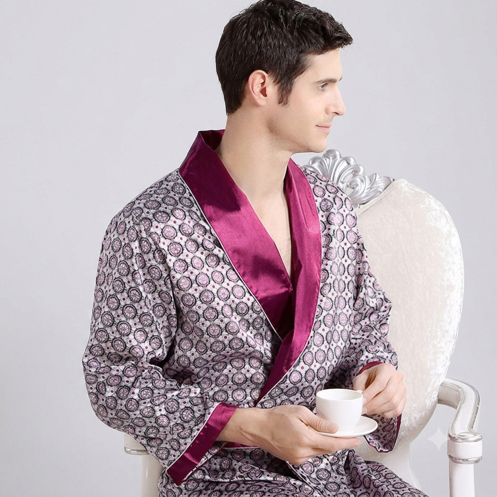 Herren Satin Morgenmantel mit auffälligem Muster und Taillengürtel Drune