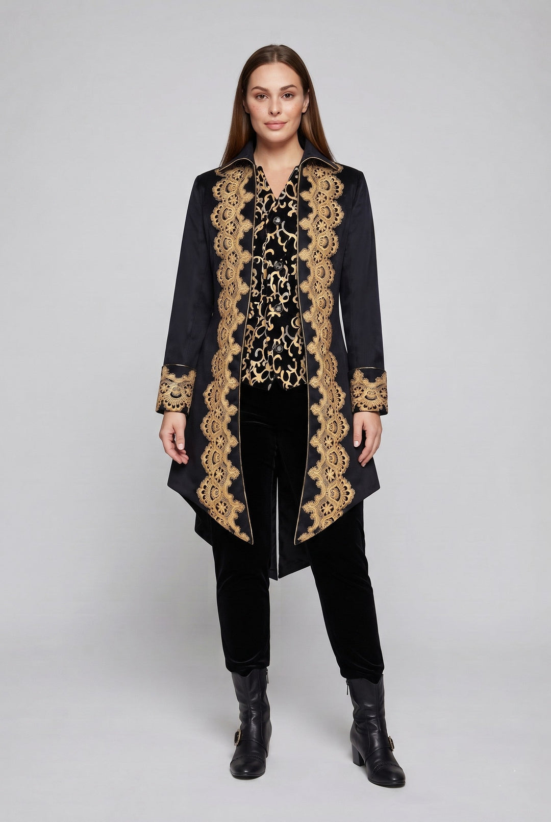 Damen elegante Frack mit feiner goldener Stickerei und asymmetrischem Saum Drune