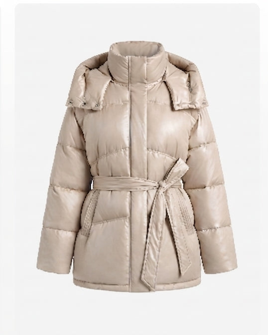 Damen gepolsterte oversized Parka mit Bindegürtel und hohem Kragen