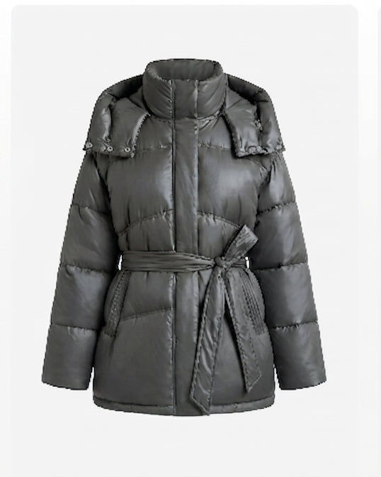 Damen gepolsterte oversized Parka mit Bindegürtel und hohem Kragen