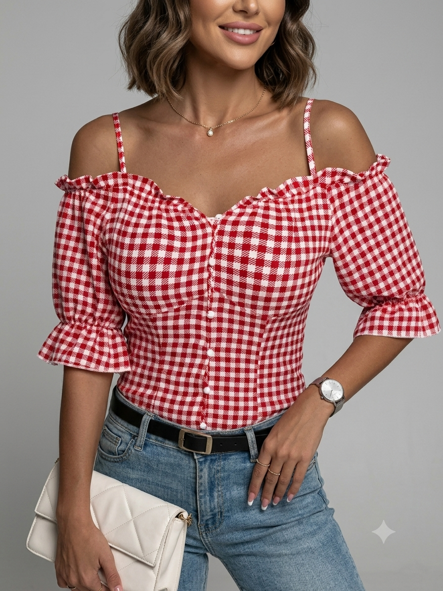 Damen Off-Shoulder Bluse mit Rüschendetails und Karomuster Drune