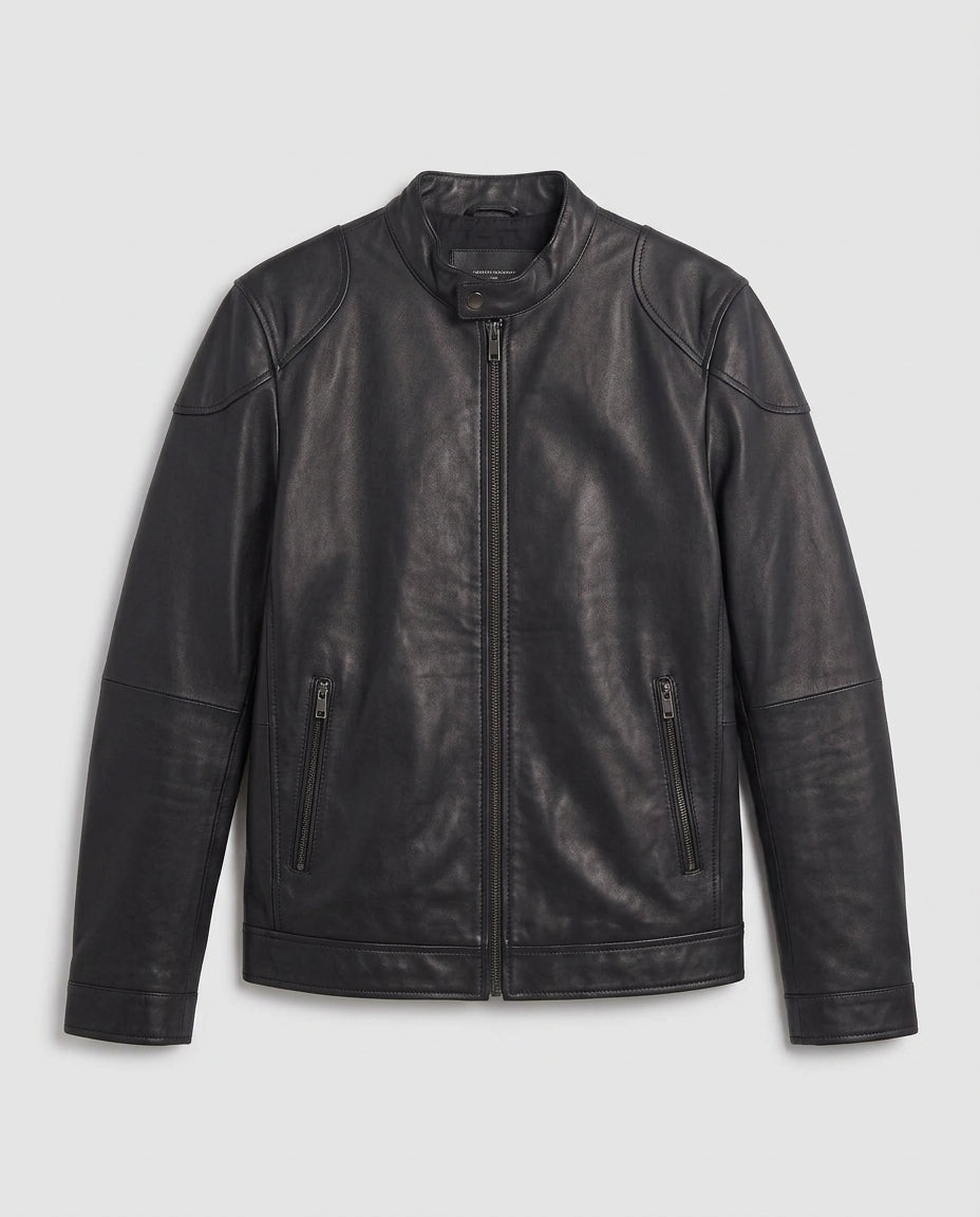 Herren maßgeschneiderte Kunstlederjacke im Biker Blouson Stil mit Stehkragen und Reißverschluss drune